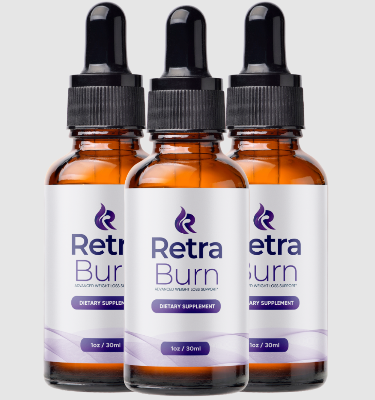 Three amber Retraburn dropper bottles