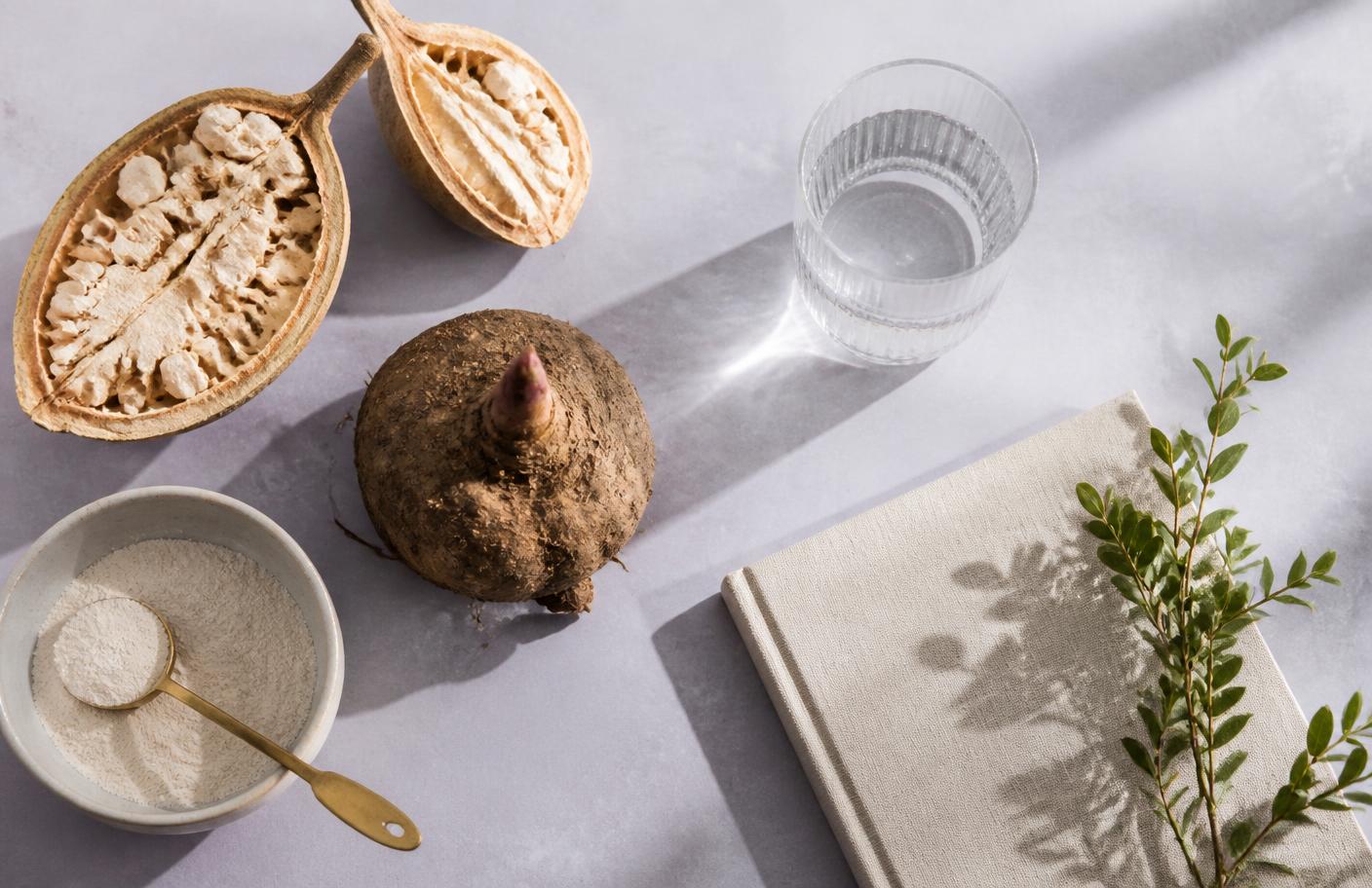Baobab fruit, konjac root, powder, water, and a notebook arranged on a table