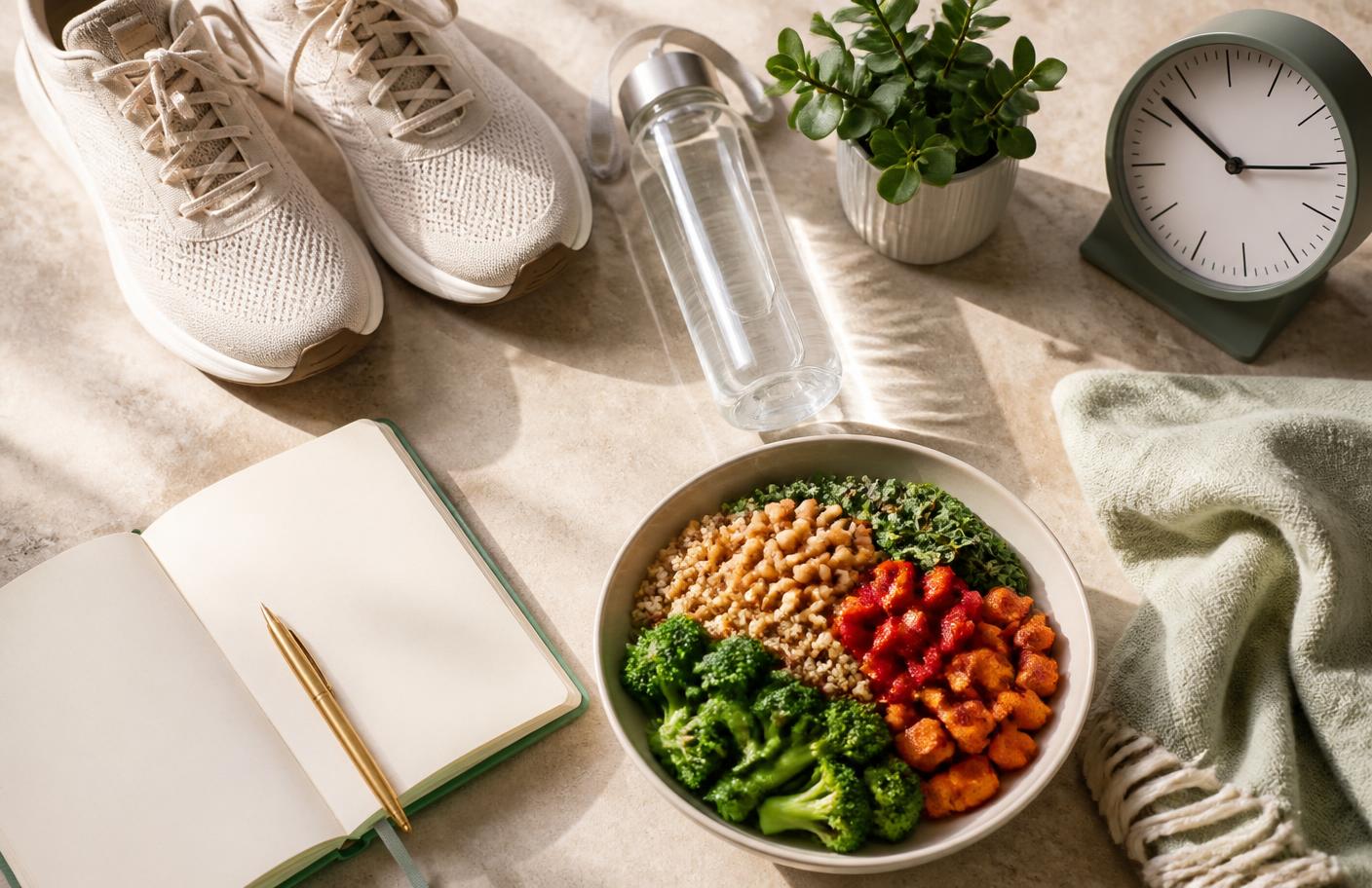 Walking shoes, water, a balanced meal, notebook, and clock representing sustainable routines